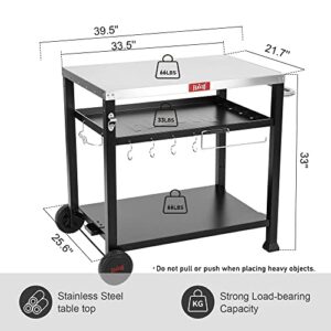 FEASTO Three-Shelf Movable Food Prep and Work Cart Table, Home and Outdoor Multifunctional Stainless Steel Table Top Worktable on Two Wheels, L39.5’’x W25.6’’x H33’’