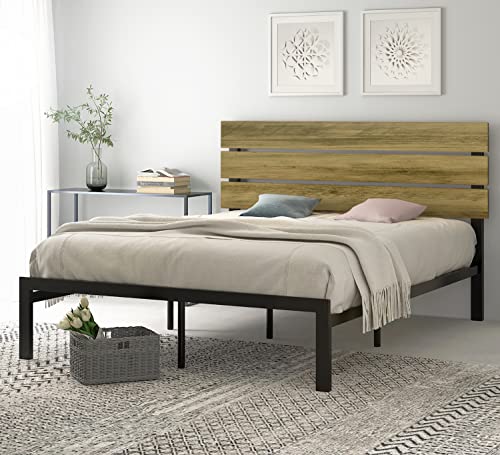 SHA CERLIN Queen Size Bed Frame, Metal Platform Bed with Wooden Headboard and Strong Metal Slats, Mattress Foundation, Rustic Country Style, No Box Spring Needed, Light Brown