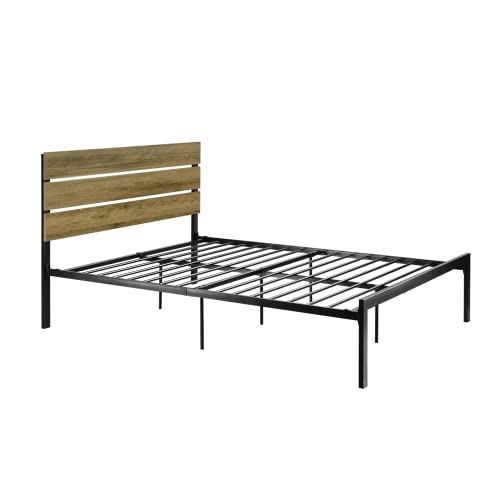 SHA CERLIN Queen Size Bed Frame, Metal Platform Bed with Wooden Headboard and Strong Metal Slats, Mattress Foundation, Rustic Country Style, No Box Spring Needed, Light Brown