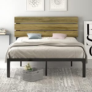 SHA CERLIN Queen Size Bed Frame, Metal Platform Bed with Wooden Headboard and Strong Metal Slats, Mattress Foundation, Rustic Country Style, No Box Spring Needed, Light Brown