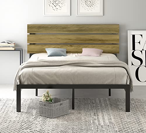 SHA CERLIN Queen Size Bed Frame, Metal Platform Bed with Wooden Headboard and Strong Metal Slats, Mattress Foundation, Rustic Country Style, No Box Spring Needed, Light Brown