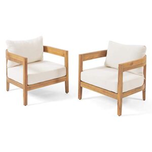 christopher knight home 312395 alfy outdoor club chair with cushions (set of 2), teak finish, beige