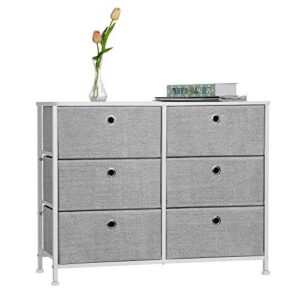 SONGMICS 3-Tier, Storage Dresser with 6 Easy Pull Fabric Drawers and Wooden Tabletop for Closets, Nursery, Dorm Room, 31.5" L x 11.8" W x 24.8" H, Light Grey and White ULTS23W