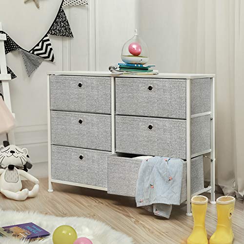 SONGMICS 3-Tier, Storage Dresser with 6 Easy Pull Fabric Drawers and Wooden Tabletop for Closets, Nursery, Dorm Room, 31.5" L x 11.8" W x 24.8" H, Light Grey and White ULTS23W