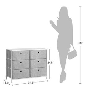 SONGMICS 3-Tier, Storage Dresser with 6 Easy Pull Fabric Drawers and Wooden Tabletop for Closets, Nursery, Dorm Room, 31.5" L x 11.8" W x 24.8" H, Light Grey and White ULTS23W