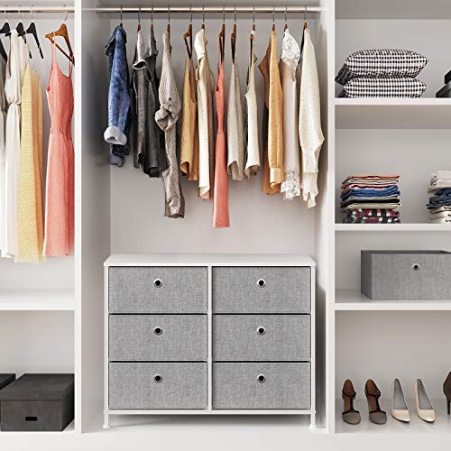 SONGMICS 3-Tier, Storage Dresser with 6 Easy Pull Fabric Drawers and Wooden Tabletop for Closets, Nursery, Dorm Room, 31.5" L x 11.8" W x 24.8" H, Light Grey and White ULTS23W