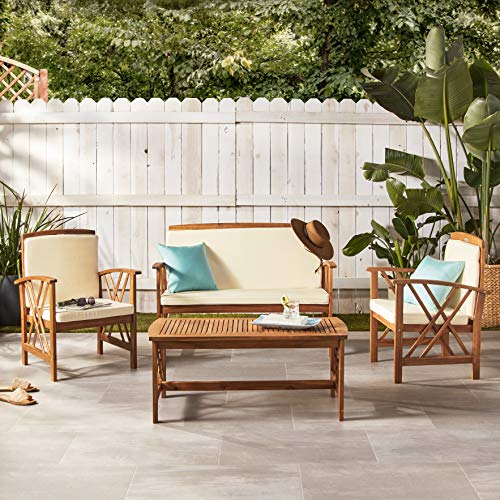 SAFAVIEH Outdoor Collection Fontana Natural/ Beige 4-Piece Conversation Patio Set with Cushions