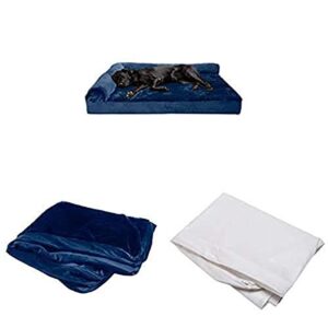 furhaven pet bundle – jumbo plus deep sapphire deluxe cooling gel memory foam plush faux fur & velvet l shaped chaise, extra dog bed cover, & water-resistant mattress liner for dogs & cats