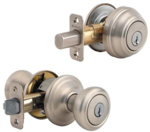kwikset cameron keyed entry door knob and single cylinder deadbolt combo pack with microban antimicrobial protection featuring smartkey security in satin nickel