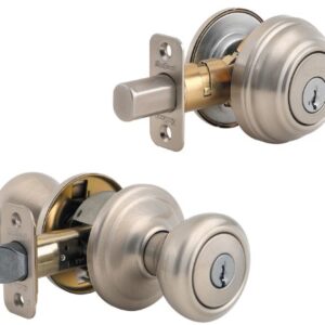 Kwikset Cameron Keyed Entry Door Knob and Single Cylinder Deadbolt Combo Pack with Microban Antimicrobial Protection featuring SmartKey Security in Satin Nickel