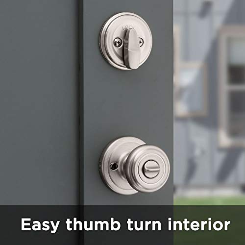 Kwikset Cameron Keyed Entry Door Knob and Single Cylinder Deadbolt Combo Pack with Microban Antimicrobial Protection featuring SmartKey Security in Satin Nickel