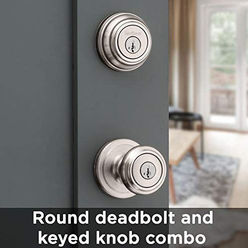 Kwikset Cameron Keyed Entry Door Knob and Single Cylinder Deadbolt Combo Pack with Microban Antimicrobial Protection featuring SmartKey Security in Satin Nickel