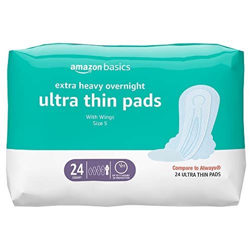 Amazon Basics Ultra Thin Pads with Flexi-Wings for Periods, Extra Heavy Overnight Absorbency, Unscented, Size 5, 24 Count, 1 Pack (Previously Solimo)