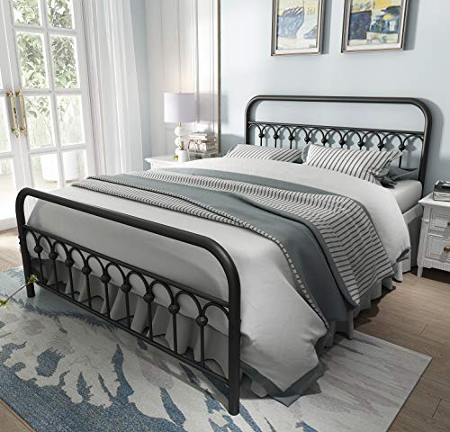 YALAXON Vintage Sturdy Queen Size Metal Bed Frame with Headboard and Footboard Basic Bed Frame No Box Spring Needed (Queen,Black)