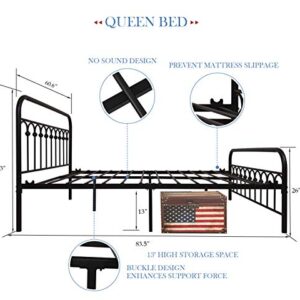 YALAXON Vintage Sturdy Queen Size Metal Bed Frame with Headboard and Footboard Basic Bed Frame No Box Spring Needed (Queen,Black)