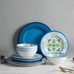 melamine dinnerware sets for 4 – 12pcs plates and bowls sets ,unbreakable, dishwasher safe, indoor outdoor use