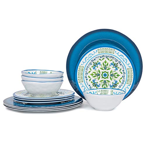 Melamine Dinnerware Sets for 4 - 12pcs Plates and Bowls Sets ,Unbreakable, Dishwasher Safe, Indoor Outdoor Use