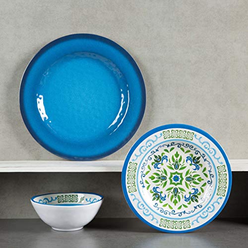 Melamine Dinnerware Sets for 4 - 12pcs Plates and Bowls Sets ,Unbreakable, Dishwasher Safe, Indoor Outdoor Use