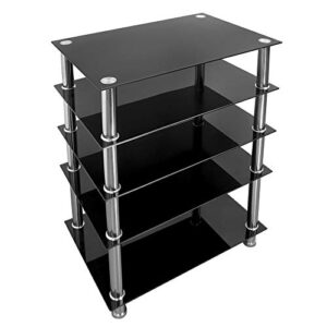mount-it! tempered glass av component media stand, audio tower and media center with 5 shelves, 220 lbs total capacity, black shelves chrome legs (mi-8671)