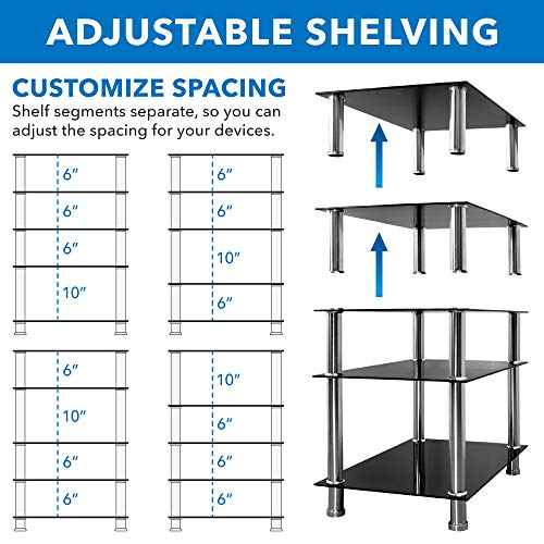 Mount-It! Tempered Glass AV Component Media Stand, Audio Tower and Media Center with 5 Shelves, 220 Lbs Total Capacity, Black Shelves Chrome Legs (MI-8671)