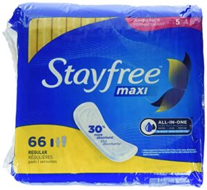 stayfree maxi regular pads for women, wingless, reliable protection and absorbency of feminine periods, 66 count