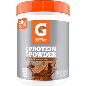 gatorade whey protein powder, chocolate, 22.4 ounce (20 servings per canister, 20 grams of protein per serving)