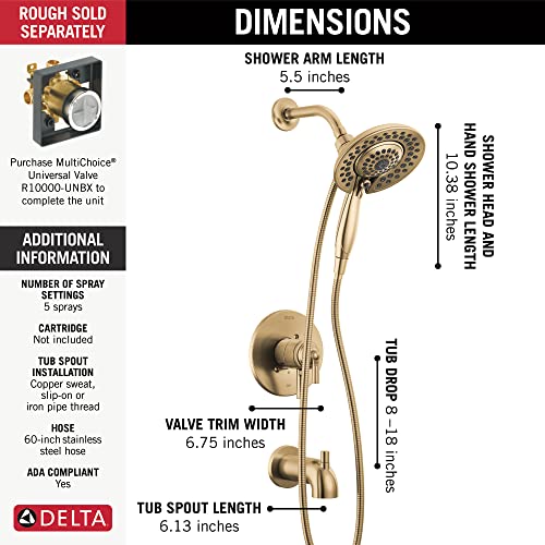 Delta Faucet Saylor 17 Series Gold Tub and Shower Faucet Combo with In2ition 2-in-1 Shower Head with Handheld Spray, Bathtub Faucet Set, Tub Faucet, Champagne Bronze T17435-CZ-I (Valve Not Included)