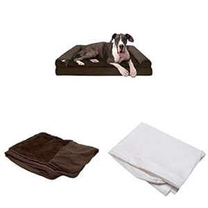 furhaven pet bundle – jumbo plus espresso memory foam ultra plush faux fur & suede sofa, extra dog bed cover, & water-resistant mattress liner for dogs & cats