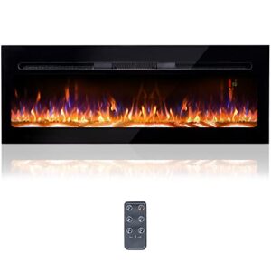 bizhomart 48 electric fireplace, recessed & wall mounted electrical fireplace with bracket, ultra thin, low noise, remote control, timer, logset & crystal, adjustable flame color, 1500w, black