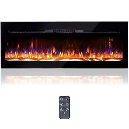 BizHomart 48 Electric Fireplace, Recessed & Wall Mounted Electrical Fireplace with Bracket, Ultra Thin, Low Noise, Remote Control, Timer, Logset & Crystal, Adjustable Flame Color, 1500W, Black