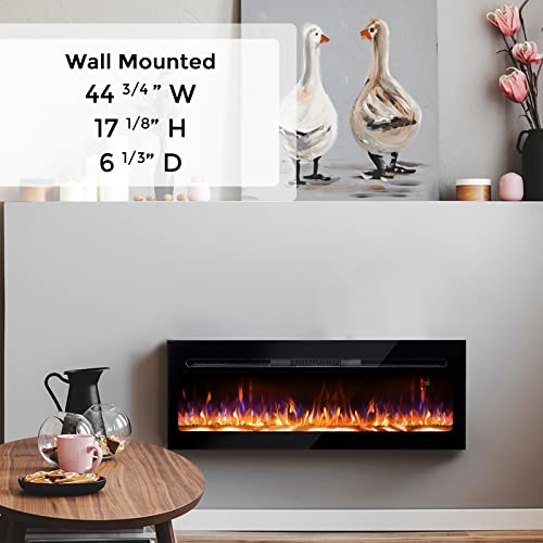 BizHomart 48 Electric Fireplace, Recessed & Wall Mounted Electrical Fireplace with Bracket, Ultra Thin, Low Noise, Remote Control, Timer, Logset & Crystal, Adjustable Flame Color, 1500W, Black