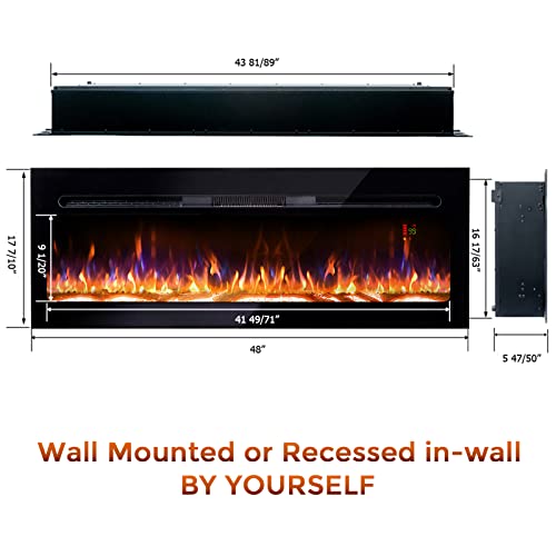 BizHomart 48 Electric Fireplace, Recessed & Wall Mounted Electrical Fireplace with Bracket, Ultra Thin, Low Noise, Remote Control, Timer, Logset & Crystal, Adjustable Flame Color, 1500W, Black