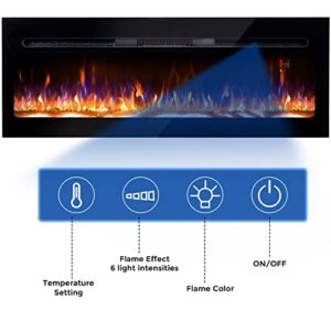 BizHomart 48 Electric Fireplace, Recessed & Wall Mounted Electrical Fireplace with Bracket, Ultra Thin, Low Noise, Remote Control, Timer, Logset & Crystal, Adjustable Flame Color, 1500W, Black