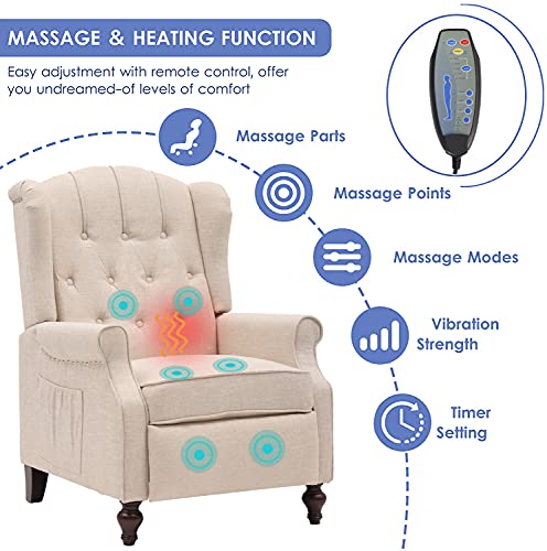 SAMERY Recliner Chair with Massage & Heating- Modern Accent Chair Upholstered Armchair Fabric Single Sofa Lounge Reading Club Chair with Tufted Wingback for Small Spaces Bedroom Living Room