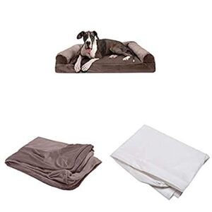 furhaven pet bundle – jumbo plus driftwood brown memory foam faux fur & velvet sofa, extra dog bed cover, & water-resistant mattress liner for dogs & cats