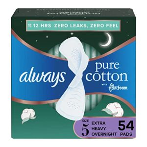 always pure cotton, feminine pads for women, size 5 extra heavy overnight absorbency, multipack, with flexfoam, with wings, unscented, 18 count x 3 packs (54 count total)