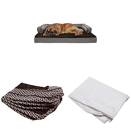 Furhaven Pet Bundle - Jumbo Plus Diamond Brown Cooling Gel Memory Foam Plush Faux Fur & Décor Comfy Couch Sofa, Extra Dog Bed Cover, & Water-Resistant Mattress Liner for Dogs & Cats