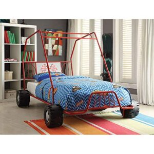 aochuang metal twin car bed gunmetal go kart bed, twin size bed frame with a racing flag decor headboard/metal tube slat support/no box spring needed (red go kart)