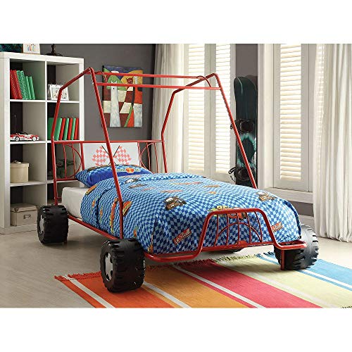 AOCHUANG Metal Twin Car Bed Gunmetal Go Kart Bed, Twin Size Bed Frame with A Racing Flag Decor Headboard/Metal Tube Slat Support/No Box Spring Needed (Red Go Kart)