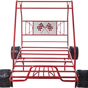 AOCHUANG Metal Twin Car Bed Gunmetal Go Kart Bed, Twin Size Bed Frame with A Racing Flag Decor Headboard/Metal Tube Slat Support/No Box Spring Needed (Red Go Kart)