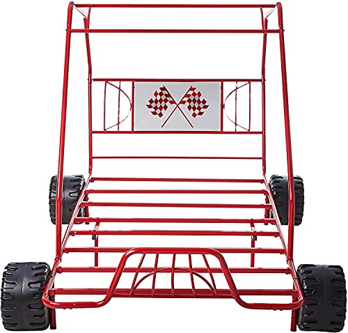 AOCHUANG Metal Twin Car Bed Gunmetal Go Kart Bed, Twin Size Bed Frame with A Racing Flag Decor Headboard/Metal Tube Slat Support/No Box Spring Needed (Red Go Kart)