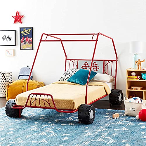 AOCHUANG Metal Twin Car Bed Gunmetal Go Kart Bed, Twin Size Bed Frame with A Racing Flag Decor Headboard/Metal Tube Slat Support/No Box Spring Needed (Red Go Kart)