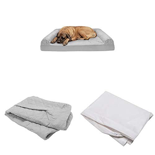 Furhaven Pet Bundle - Jumbo Plus Silver Gray Cooling Gel Memory Foam Quilted Quilted Sofa, Extra Dog Bed Cover, & Water-Resistant Mattress Liner for Dogs & Cats