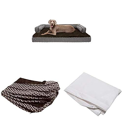 Furhaven Pet Bundle - Jumbo Plus Diamond Brown Memory Foam Plush Faux Fur & Décor Comfy Couch Sofa, Extra Dog Bed Cover, & Water-Resistant Mattress Liner for Dogs & Cats