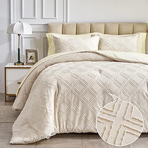 Flysheep Beige Tufted Bed in a Bag 7 Pieces King Size, Soft and Embroidery Shabby Chic Boho Comforter Set, Luxury Solid Color Comforter with Diamond Pattern, Jacquard Tufts Bedding Set for All Season