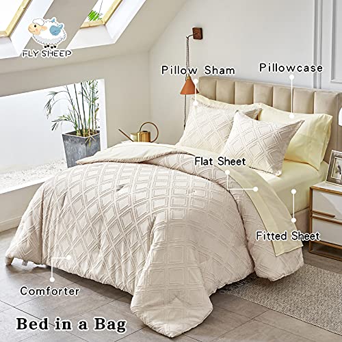 Flysheep Beige Tufted Bed in a Bag 7 Pieces King Size, Soft and Embroidery Shabby Chic Boho Comforter Set, Luxury Solid Color Comforter with Diamond Pattern, Jacquard Tufts Bedding Set for All Season