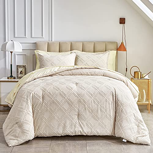 Flysheep Beige Tufted Bed in a Bag 7 Pieces King Size, Soft and Embroidery Shabby Chic Boho Comforter Set, Luxury Solid Color Comforter with Diamond Pattern, Jacquard Tufts Bedding Set for All Season