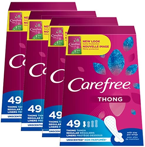 Carefree Acti-Fresh Thong Panty Liner Unscented, Regular, 49ct (Pack of 4)