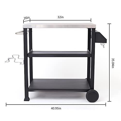 NUUK Three-Shelf Movable Outdoor Dining Cart Table, 20" x 32" NSF Stainless Steel Commercial Multifunctional Heavy Duty Kitchen Food Prep Worktable on Wheels