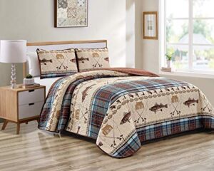river fly fishing rustic cabin lodge quilt bedspread bedding set with fishing and southwestern plaid tweed patterns blue brown – river lodge (king / cal-king)